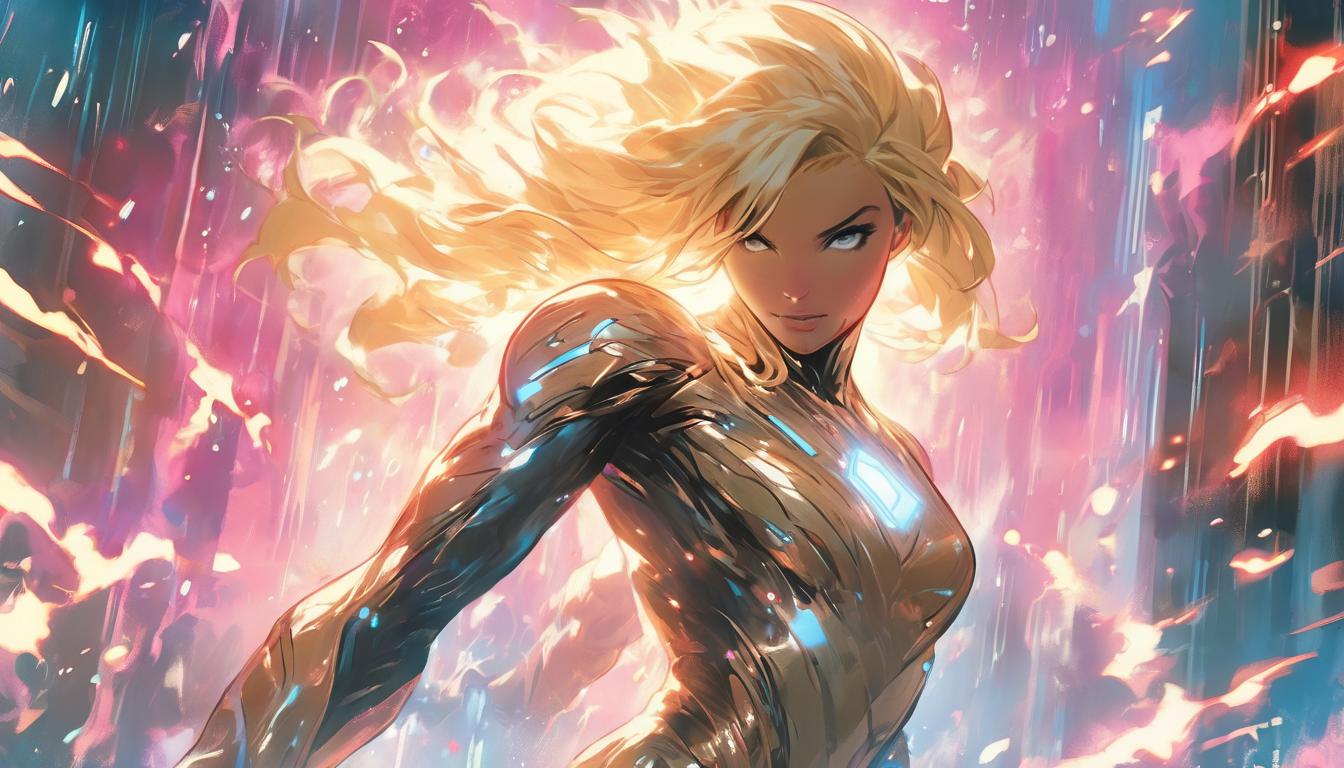  hyperrealism,fantasy aesthetic1woman, large busted attractive blonde arian female humanoid, cosmic shower, radiant light cleansing aura, space setting, high tech clothing clad in sleek, futuristic costume with metallic accents and form fitting designs, marvel superhero comics style, unreal engine rendering