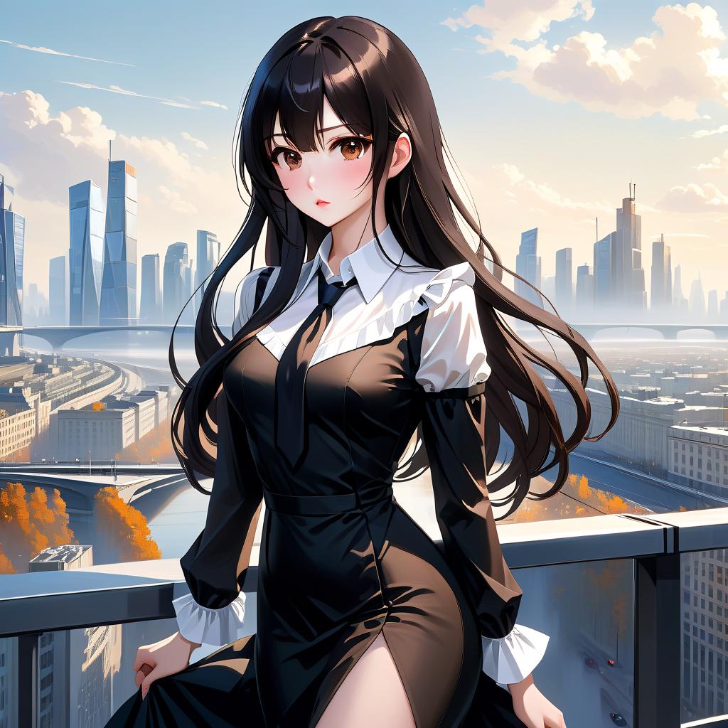  anime artwork beautiful , , white skinned, European, brown eyes, long brown straight hair, side bangs, mole under the lower lip, slender figure, small neat s, dressed in a black dress with a white collar and white cuffs, full length, against the backdrop of a modern city. Skyscrs of Moscow City (photorealism, oil painting: 1.3), (full length shot: 1.3), charming , long flowing black hair, (large sensual mouth: 1.2), plump lips, sparkling brown eyes , narrow waist, (sensual drawing: 1.2), silvery glow, ethereal aura, detailed brushwork, intricate shadows and highlights, mysterious and captivating expression, unique color palette, masterful use of light and shadow, captivating atmosphere, pure emotion, int hyperrealistic, full body, detailed clothing, highly detailed, cinematic lighting, stunningly beautiful, intricate, sharp focus, f/1. 8, 85mm, (centered image composition), (professionally color graded), ((bright soft diffused light)), volumetric fog, trending on instagram, trending on tumblr, HDR 4K, 8K