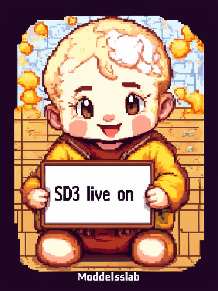  pixel art style a cute baby, holding sign with text 'SD3 live on ModelsLab'