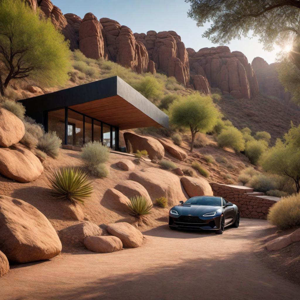  On the side of a hill in Phoenix, Arizona, there is a flat piece of the hill carved out. In the rock, there is a long open-air garage designed primarily for motorcycles but also with space for a car or truck to be worked on. In front of the garage is a tiny house with its lights on because it is dark outside. The house and garage are both illuminated, creating a cozy and functional atmosphere. The scene captures the rugged terrain of the hillside and the practicality of the setup. hyperrealistic, full body, detailed clothing, highly detailed, cinematic lighting, stunningly beautiful, intricate, sharp focus, f/1. 8, 85mm, (centered image composition), (professionally color graded), ((bright soft diffused light)), volumetric fog, trending on instagram, trending on tumblr, HDR 4K, 8K