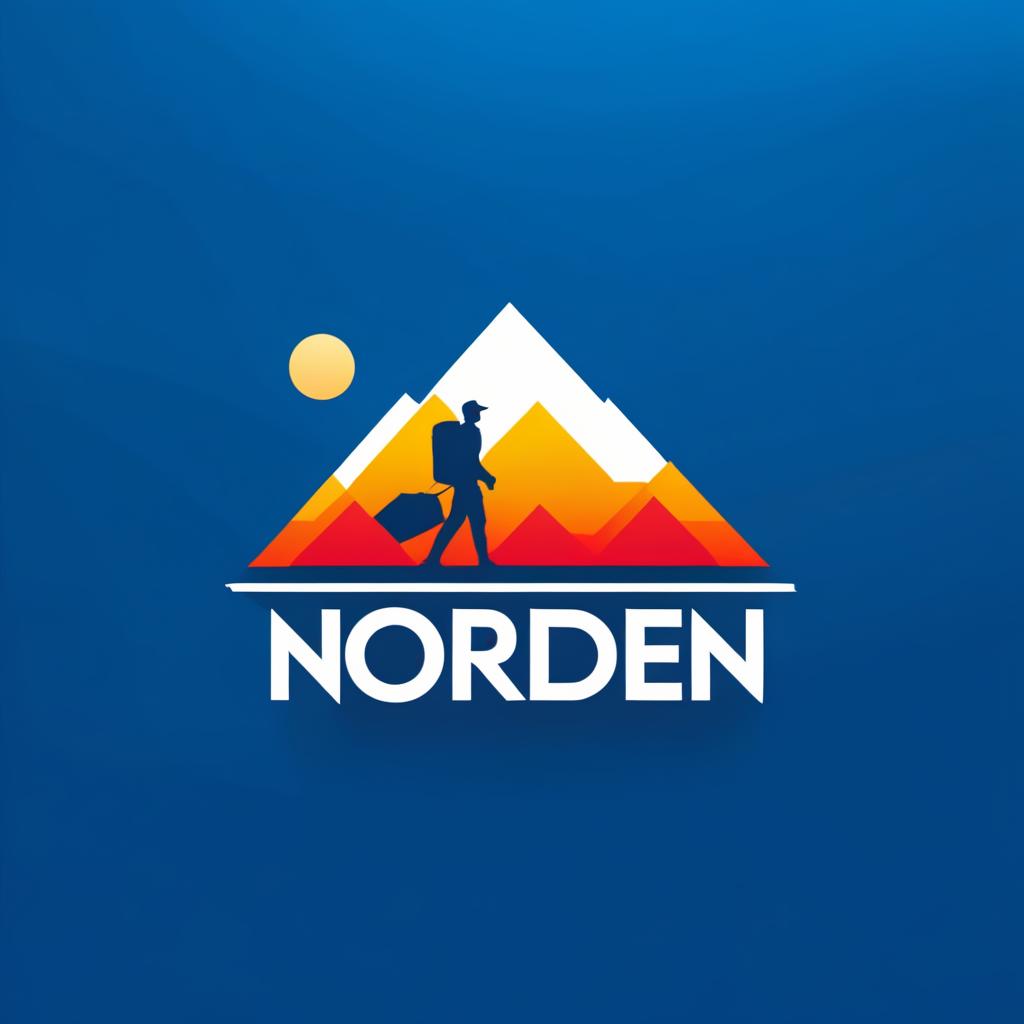  Logo, (geometric style), Wanderer auf Bergtour im blauen Sonnenaufgang in Richtung „NORDEN“