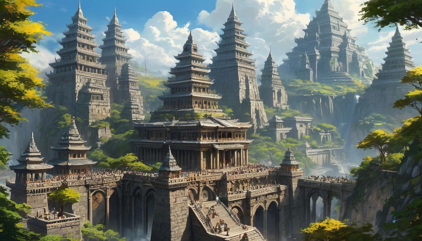  digital painting of The envisioned kingdom, towering structures made of stone, intricate details of craftsmanship, bustling with activity, symbols of power and ingenuity scattered throughout, bright sunlight casting sharp shadows, grandeur, dominion looking at viewer, dynamic pose, (intricate details, masterpiece, best quality)