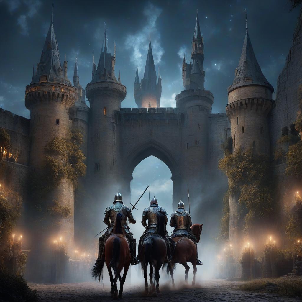  A knight's tournament, two knights on horses with spears atop, standing opposite each other, against the backdrop of castle spires, detailed drawing, double exposure, epic, star cluster, painting, high resolution, beautiful, frame aesthetics, depth of field, many details, dark tones, bright colors, hyperrealistic, Ultra HD, fantasy art, 30mm lens, 1/250s, f/2.8, ISO 100, 4k. hyperrealistic, full body, detailed clothing, highly detailed, cinematic lighting, stunningly beautiful, intricate, sharp focus, f/1. 8, 85mm, (centered image composition), (professionally color graded), ((bright soft diffused light)), volumetric fog, trending on instagram, trending on tumblr, HDR 4K, 8K