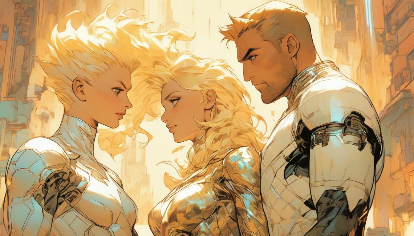  hyperrealism,fantasy aesthetic1woman1man, large busted attractive blonde arian female humanoid and handsome male humanoid, resolving tension, shared understanding, bright harmony, high tech clothing clad in sleek, futuristic costume with metallic accents and form fitting designs, marvel superhero comics style, unreal engine rendering