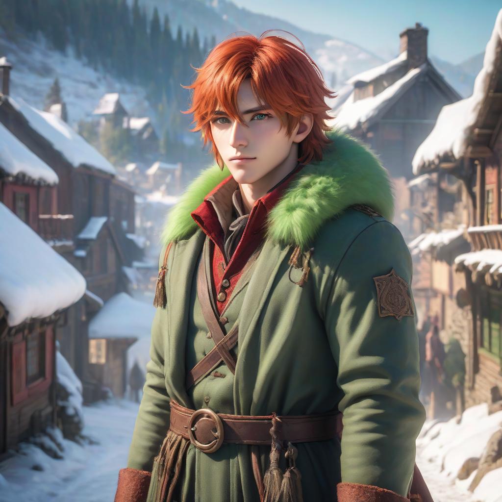  A young man stands against the backdrop of a snowy village on a bright day. One of his eyes is red, the other is green. He has fair haired, furry clothes. hyperrealistic, full body, detailed clothing, highly detailed, cinematic lighting, stunningly beautiful, intricate, sharp focus, f/1. 8, 85mm, (centered image composition), (professionally color graded), ((bright soft diffused light)), volumetric fog, trending on instagram, trending on tumblr, HDR 4K, 8K