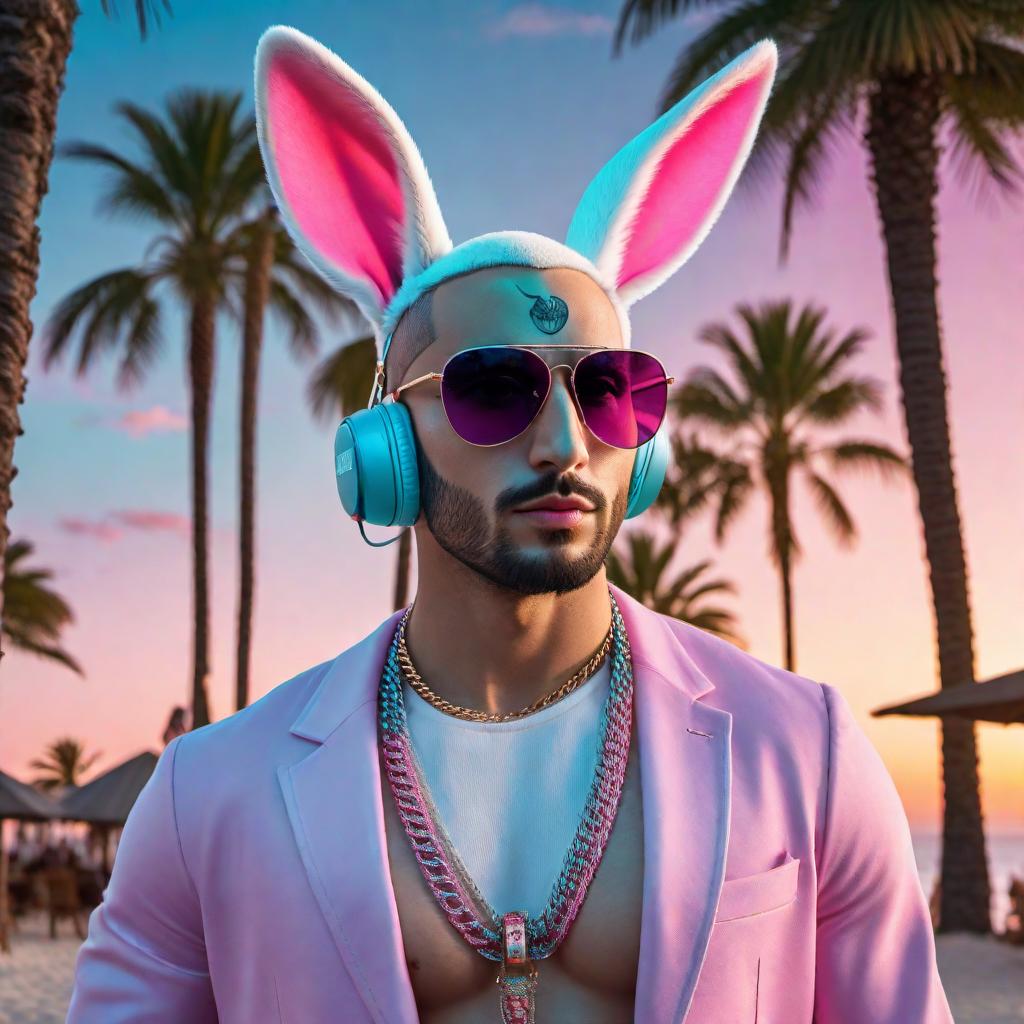  A vibrant party flyer for a Bad Bunny-themed event in Florida. The design should include a picture of Bad Bunny, tropical elements like palm trees and neon lights, and lively colors such as pink, purple, and turquoise. The text should include the event name 'Bad Bunny Party', location 'Florida Beach Club', date and time 'Saturday, October 15th, 9 PM - 2 AM'. hyperrealistic, full body, detailed clothing, highly detailed, cinematic lighting, stunningly beautiful, intricate, sharp focus, f/1. 8, 85mm, (centered image composition), (professionally color graded), ((bright soft diffused light)), volumetric fog, trending on instagram, trending on tumblr, HDR 4K, 8K