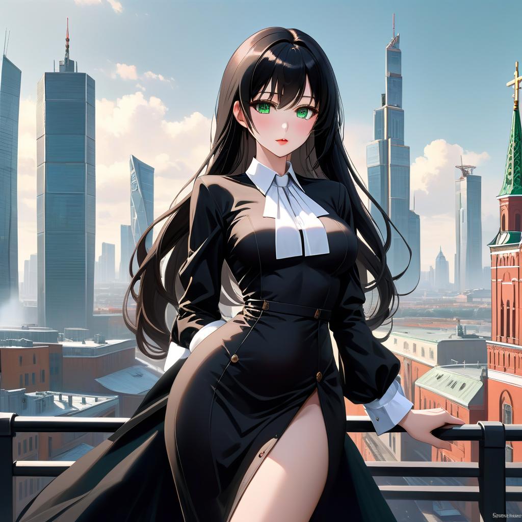  anime artwork beautiful , , white skinned, European, brown eyes, long brown straight hair, slender figure, small neat s, dressed in a black dress with a white collar and white cuffs, full length, against the backdrop of a modern city. Skyscrs of Moscow City (photorealism, oil painting: 1.3), (full length shot: 1.3), charming , long flowing black hair, (large sensual mouth: 1.2), plump lips, sparkling emerald eyes , narrow waist, (sensual drawing: 1.2), silvery glow, ethereal aura, detailed brushwork, intricate shadows and highlights, mysterious and captivating expression, unique color palette, masterful use of light and shadow, captivating atmosphere, pure emotion, intense gaze, dynamic composition. . an hyperrealistic, full body, detailed clothing, highly detailed, cinematic lighting, stunningly beautiful, intricate, sharp focus, f/1. 8, 85mm, (centered image composition), (professionally color graded), ((bright soft diffused light)), volumetric fog, trending on instagram, trending on tumblr, HDR 4K, 8K