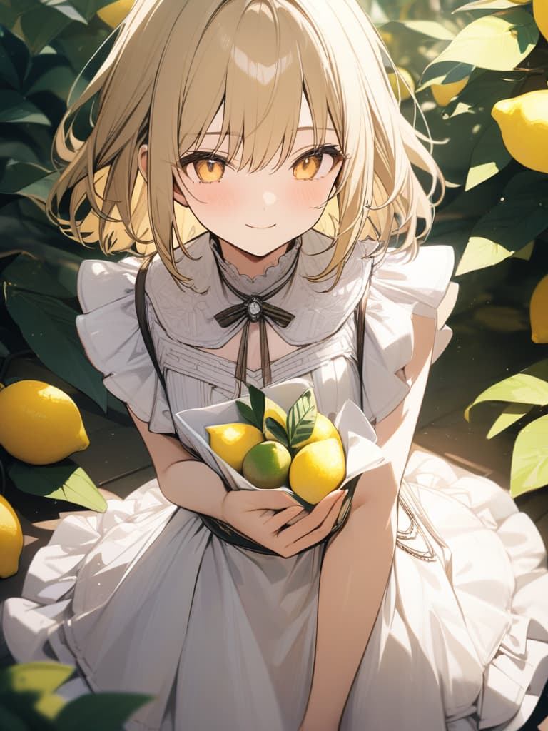  Yellow hair, yellow eyes, smiling, lemon fruit, lemon decoration, short bob, cute, , young face, face, frill dress, masterpiece, best quality,8k,ultra detailed,high resolution,an extremely delicate and beautiful,hyper detail