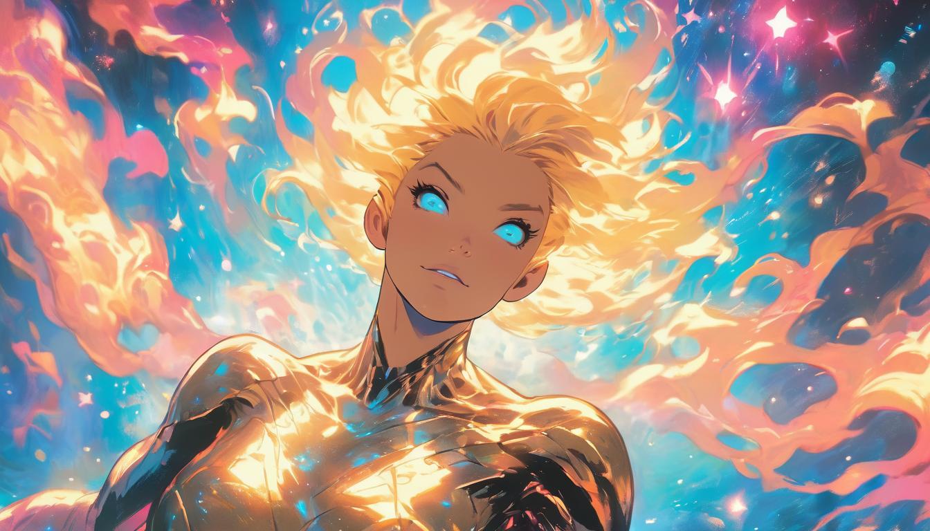  hyperrealism,fantasy aesthetic1woman, large busted attractive blonde arian female humanoid, floating gracefully in a sea of cosmic ether, shimmering stars around, vibrant swirling colors, high tech clothing clad in sleek, futuristic costume with metallic accents and form fitting designs, marvel superhero comics style, unreal engine rendering