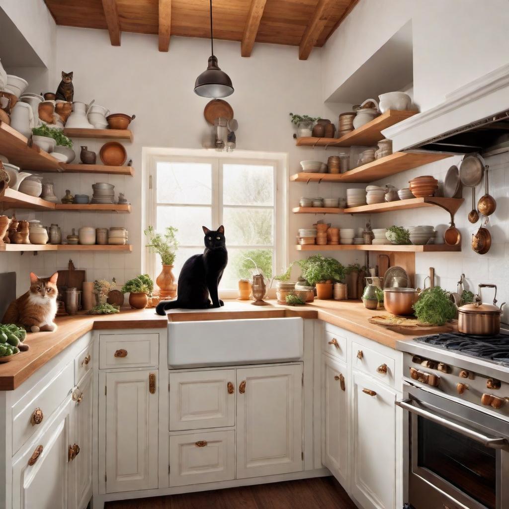  A whimsical kitchen where every element is made of cats. Imagine countertops, shelves, appliances, and furniture all in the form of cuddly, furry cats. The stove is a group of cats huddled together, and the fridge has cats as its doors. Even the sink and cabinets are made of cats, with their tails and paws forming handles and knobs. The overall ambiance is warm and quirky, with cats in various poses and colors making up this fantastical kitchen. hyperrealistic, full body, detailed clothing, highly detailed, cinematic lighting, stunningly beautiful, intricate, sharp focus, f/1. 8, 85mm, (centered image composition), (professionally color graded), ((bright soft diffused light)), volumetric fog, trending on instagram, trending on tumblr, HDR 4K, 8K