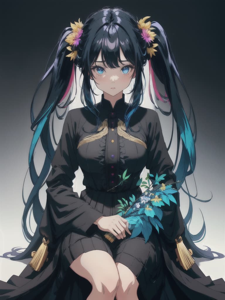  source anime, ((score 9)),score 8 up,score 7 up,score 6 up,score 5 up,score 4 up, 1, solo, long hair, looking at viewer, blush, bangs, black background, hair ornament, blue eyes, 1, black background, twintails, blue hair, sitting , full body, gold hair, multicolored hair, gradient hair, , no shoes, black , black shirt, black uniform, multicolored clothes, best quality, amazing quality, very aesthetic, absurdres best quality, masterpiece, absurdres hyperrealistic, full body, detailed clothing, highly detailed, cinematic lighting, stunningly beautiful, intricate, sharp focus, f/1. 8, 85mm, (centered image composition), (professionally color graded), ((bright soft diffused light)), volumetric fog, trending on instagram, trending on tumblr, HDR 4K, 8K