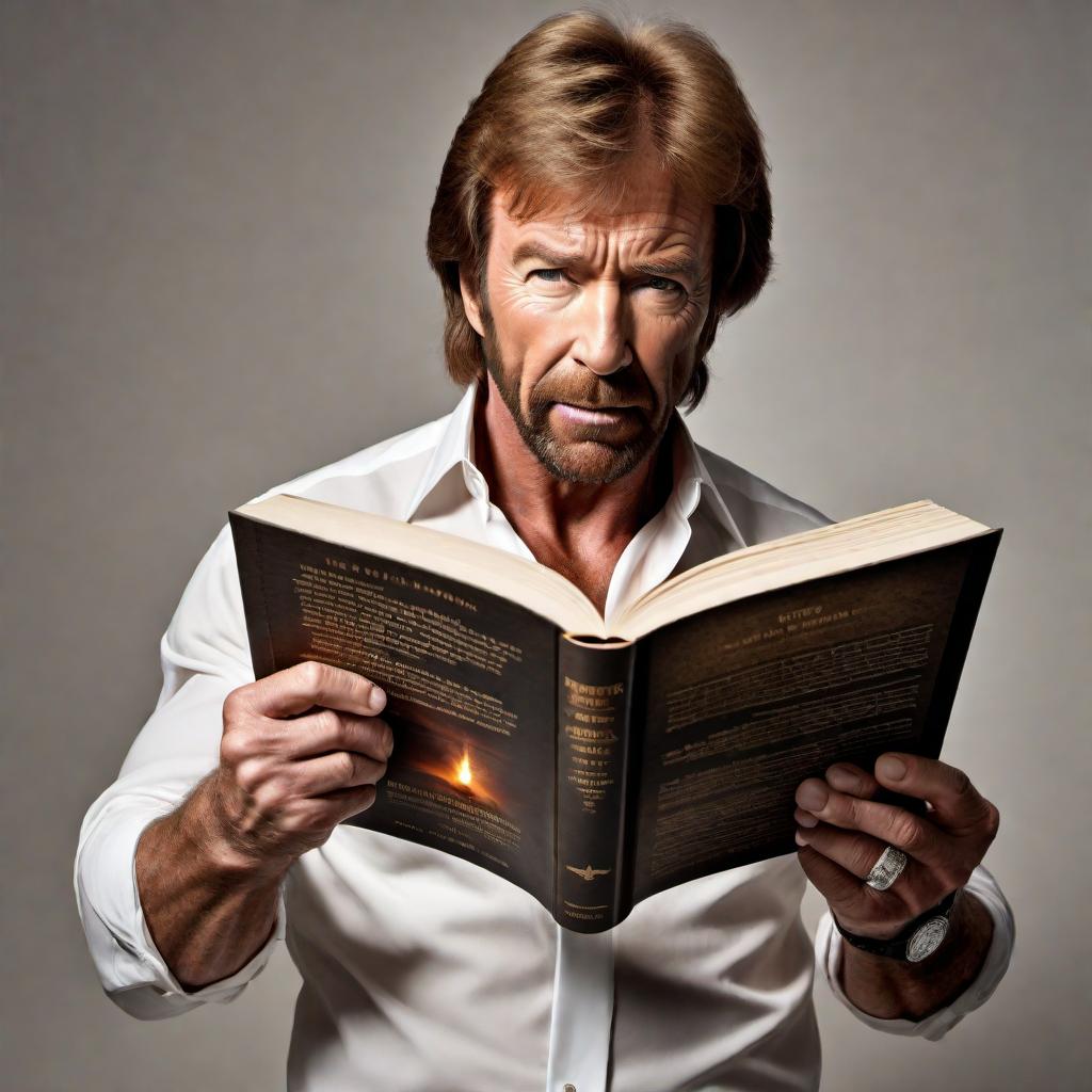  Chuck Norris staring down a book with an intense gaze, causing the information to flow out of the book and into his mind. The book is visibly shaking and pages are fluttering to emphasize the intensity of Chuck Norris's stare. hyperrealistic, full body, detailed clothing, highly detailed, cinematic lighting, stunningly beautiful, intricate, sharp focus, f/1. 8, 85mm, (centered image composition), (professionally color graded), ((bright soft diffused light)), volumetric fog, trending on instagram, trending on tumblr, HDR 4K, 8K