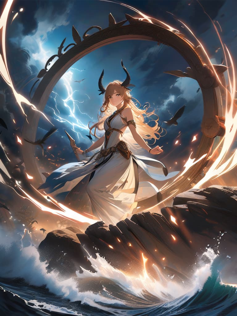  concept art lyre, stringed instrument, nymph, smile, long blond hair, messy hair, leaf in hair, toga, long dress, sitting on rock, storm, ocean, lightning, crows, black feathers front view, , , photorealistic, raw photo, (1girl, looking at viewer), long hair, bare white shoulders , intricate armor, carved wood filigree, intricate filigree, gold metalic parts, detailed part, dynamic pose, detailed background, dynamic lighting,(textured skin:1.3). digital artwork, illustrative, painterly, matte painting, highly detailed