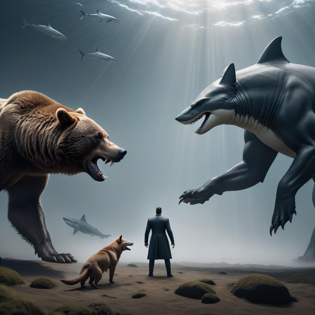  minimalist style Bear wolf and shark fight . simple, clean, uncluttered, modern, elegant hyperrealistic, full body, detailed clothing, highly detailed, cinematic lighting, stunningly beautiful, intricate, sharp focus, f/1. 8, 85mm, (centered image composition), (professionally color graded), ((bright soft diffused light)), volumetric fog, trending on instagram, trending on tumblr, HDR 4K, 8K