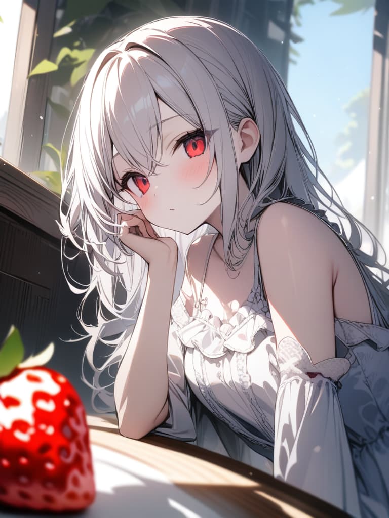  Cute, girl, white skin, fluffy hair, strawberry, fruits, white hair, red eyes, young face, long hair, light eyes, frill dress, thin body decoration, camisole, masterpiece, best quality,8k,ultra detailed,high resolution,an extremely delicate and beautiful,hyper detail