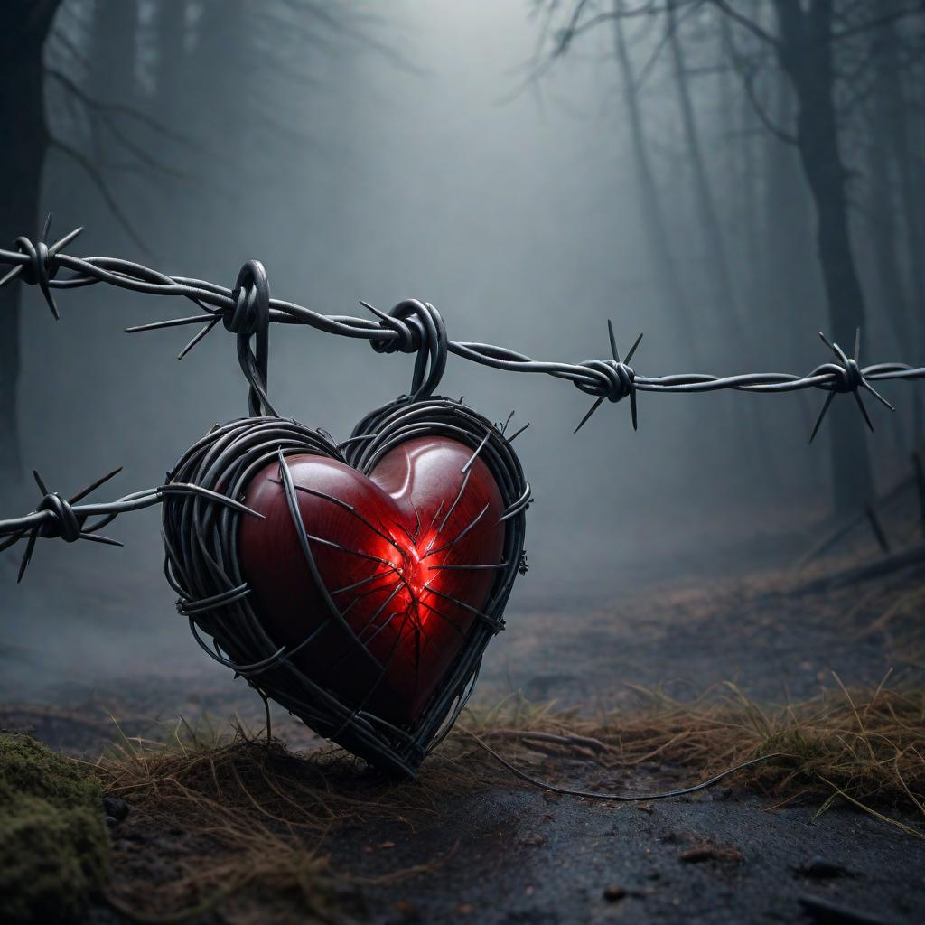  An abstract scene depicting the dangers of a barbed wire heart. The heart is made of twisted barbed wire, with sharp, menacing barbs. It bleeds onto those who try to approach, with love's embrace shown as a deadly snare. The overall mood is dark and foreboding, highlighting the perilous nature of such a heart. hyperrealistic, full body, detailed clothing, highly detailed, cinematic lighting, stunningly beautiful, intricate, sharp focus, f/1. 8, 85mm, (centered image composition), (professionally color graded), ((bright soft diffused light)), volumetric fog, trending on instagram, trending on tumblr, HDR 4K, 8K