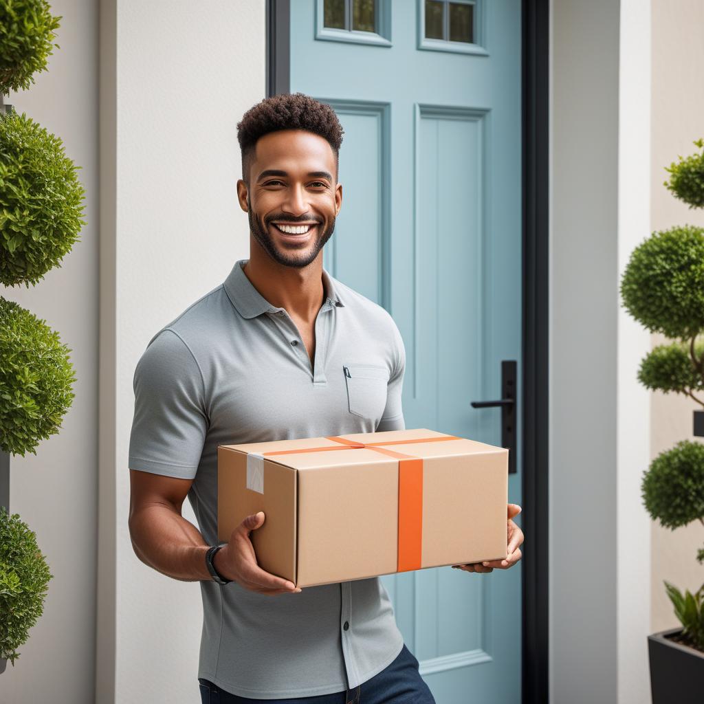  A millennial opening the door to their home and smiling while receiving a small box package from a delivery man. The millennial looks very happy, conveying excitement and gratitude for the fast delivery. hyperrealistic, full body, detailed clothing, highly detailed, cinematic lighting, stunningly beautiful, intricate, sharp focus, f/1. 8, 85mm, (centered image composition), (professionally color graded), ((bright soft diffused light)), volumetric fog, trending on instagram, trending on tumblr, HDR 4K, 8K