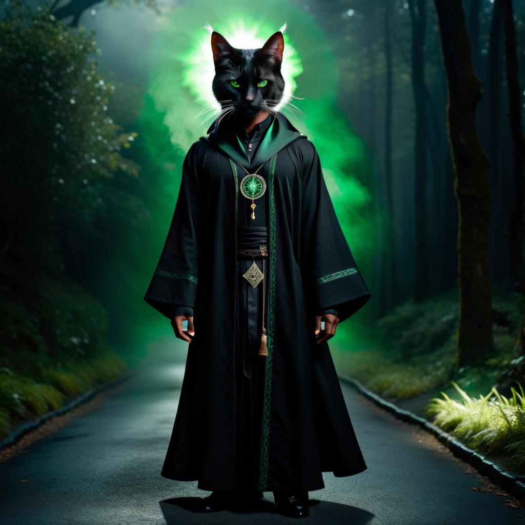  A black tomcat boy magician with green eyes wearing a black robe embroidered with runes., STICKER hyperrealistic, full body, detailed clothing, highly detailed, cinematic lighting, stunningly beautiful, intricate, sharp focus, f/1. 8, 85mm, (centered image composition), (professionally color graded), ((bright soft diffused light)), volumetric fog, trending on instagram, trending on tumblr, HDR 4K, 8K