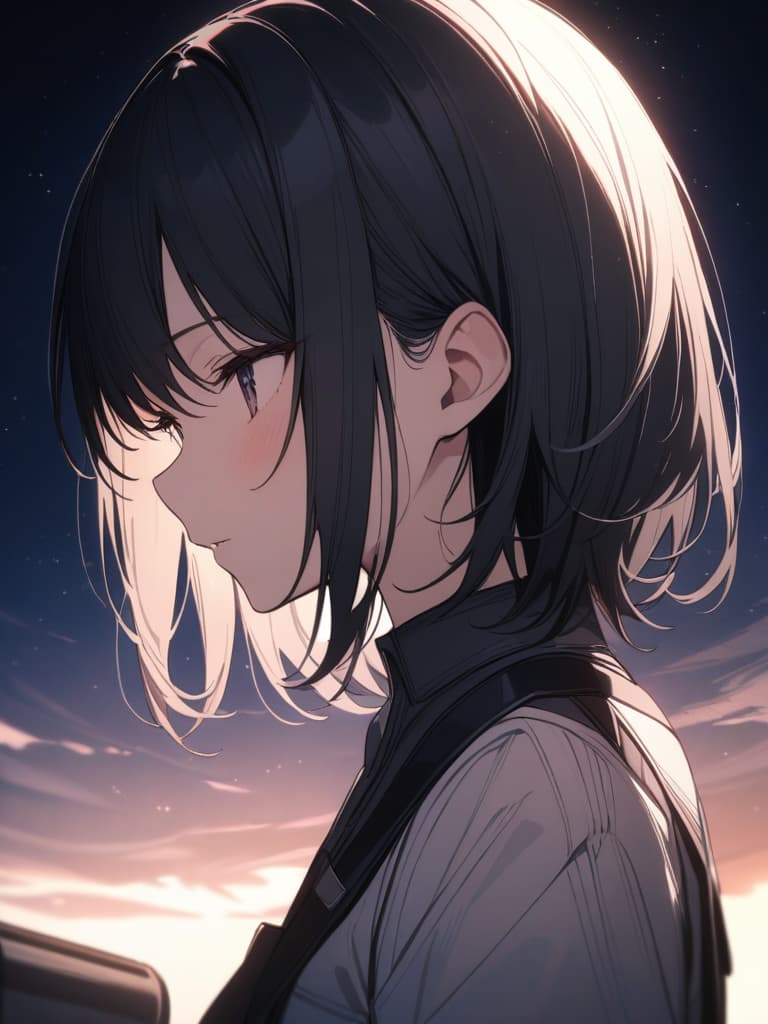  Black hair, girl, night sky, short hair, masterpiece, best quality,8k,ultra detailed,high resolution,an extremely delicate and beautiful,hyper detail