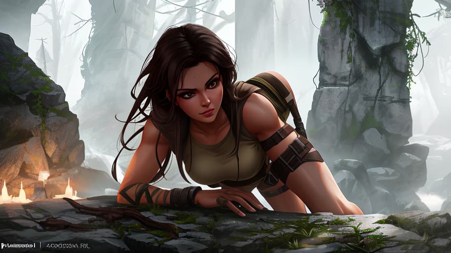  game Tomb Raider hyperrealistic, full body, detailed clothing, highly detailed, cinematic lighting, stunningly beautiful, intricate, sharp focus, f/1. 8, 85mm, (centered image composition), (professionally color graded), ((bright soft diffused light)), volumetric fog, trending on instagram, trending on tumblr, HDR 4K, 8K