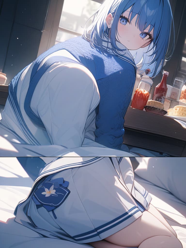  Cute, , blue hair, blue eyes, short bob, thin body, white skin, sauce, , blueberry decoration, cardigan, sailor suit, , masterpiece, best quality,8k,ultra detailed,high resolution,an extremely delicate and beautiful,hyper detail