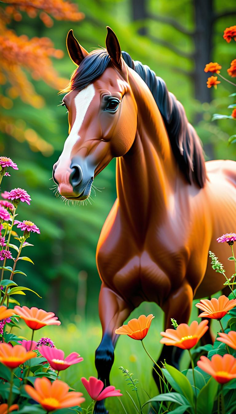  Professional 3D model of A stately, beautiful, brown horse sleeps in a clearing. The horse is surrounded by pink and orange flowers. . Rendered with Octane, the model is highly detailed,dramatic lighting. hyperrealistic, full body, detailed clothing, highly detailed, cinematic lighting, stunningly beautiful, intricate, sharp focus, f/1. 8, 85mm, (centered image composition), (professionally color graded), ((bright soft diffused light)), volumetric fog, trending on instagram, trending on tumblr, HDR 4K, 8K