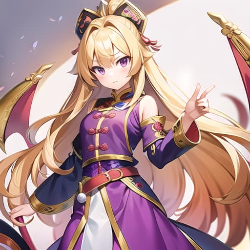  master piece , best quality,Girl Blonde, long wavy hair, collar part of clothing is Manchu, belt and half arms are Han Chinese, Chinese knot like ornament under collar, etc., wears large wings and has 7 purple tail like hair on back.