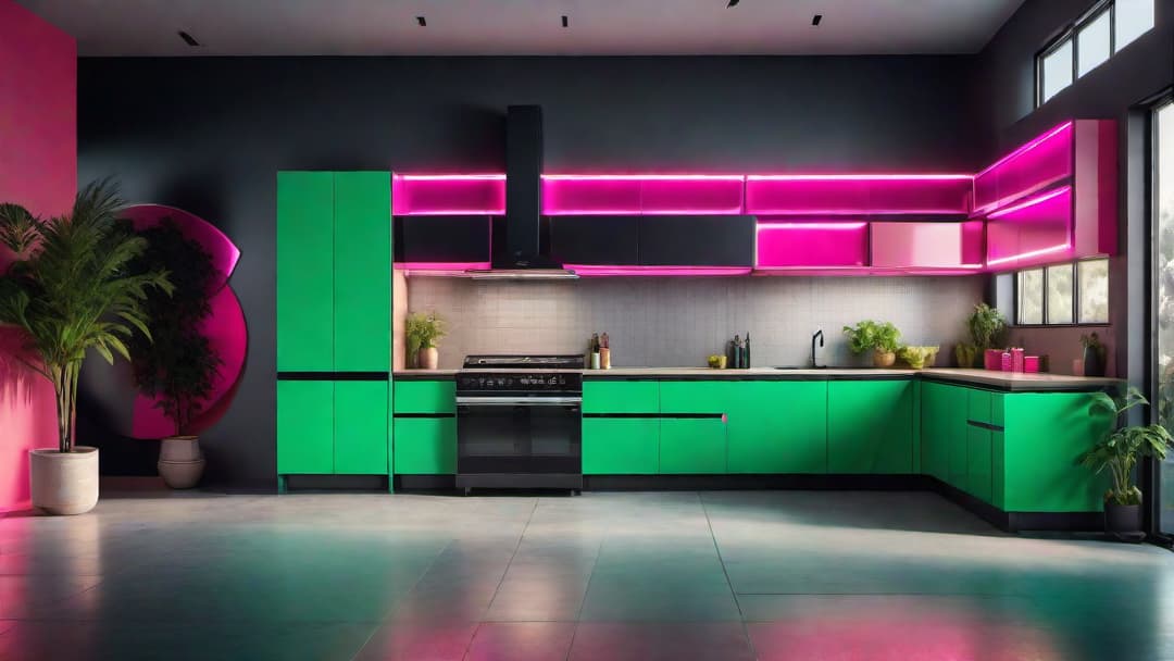  Generate an image of an 80s retro kitchen with bold and vibrant colors like neon green and hot pink. Incorporate cabinets with geometric patterns and chrome accents, as well as a sleek metallic backsplash. Include state of the art appliances from the 80s era to emphasize innovation and futuristic design in home decor. The overall atmosphere should evoke a sense of nostalgia for the vibrant and bold style of the 80s. hyperrealistic, full body, detailed clothing, highly detailed, cinematic lighting, stunningly beautiful, intricate, sharp focus, f/1. 8, 85mm, (centered image composition), (professionally color graded), ((bright soft diffused light)), volumetric fog, trending on instagram, trending on tumblr, HDR 4K, 8K