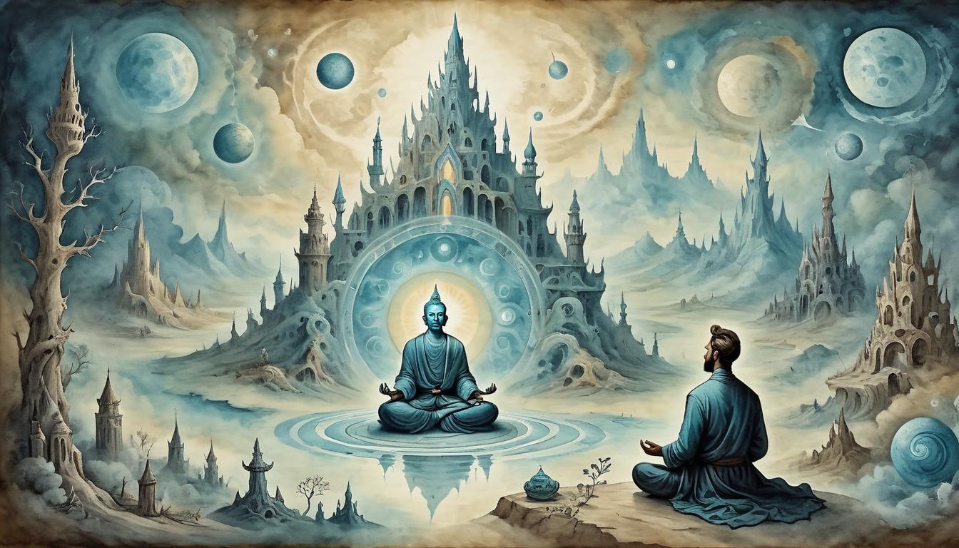  on parchment, surrealism+++, individual meditating with aura, chaotic environment transformed, peace and calm radiating outward, alignment, harmony(mysterious, provocative, symbolic,muted color)+++