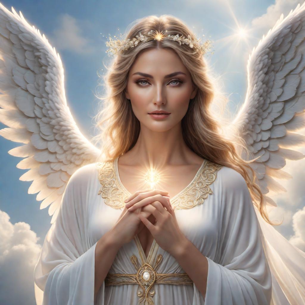  The Angel of Healing, depicted as a serene and ethereal figure with gentle, glowing wings. The angel is dressed in flowing, light robes that shimmer softly. The background should be a calming, celestial scene with soft clouds and a radiant light source, adding to the overall tranquility and soothing presence of the angel. The angel should have a compassionate expression, with one hand extended as if offering healing energy. hyperrealistic, full body, detailed clothing, highly detailed, cinematic lighting, stunningly beautiful, intricate, sharp focus, f/1. 8, 85mm, (centered image composition), (professionally color graded), ((bright soft diffused light)), volumetric fog, trending on instagram, trending on tumblr, HDR 4K, 8K