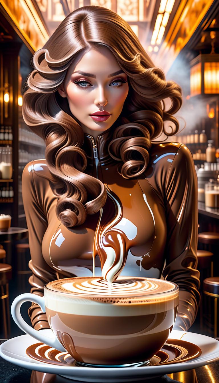  double exposure of acrylic paint, abstract female face, skin and hair entirely composed of frozen smooth flows of cappuccino, muted pleasant colors of coffee with milk, volumetric lighting, dreamy mood, in the background numerous bars of milk chocolate, reminiscent of heating pipes hyperrealistic, full body, detailed clothing, highly detailed, cinematic lighting, stunningly beautiful, intricate, sharp focus, f/1. 8, 85mm, (centered image composition), (professionally color graded), ((bright soft diffused light)), volumetric fog, trending on instagram, trending on tumblr, HDR 4K, 8K