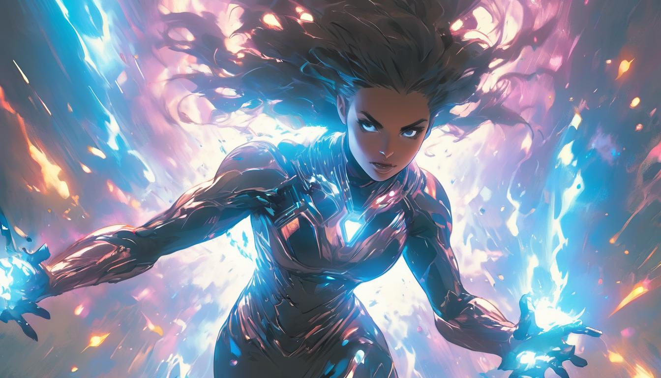  hyperrealism,fantasy aesthetic1woman, large busted attractive brunette arian female humanoid, surging with light, levitating, cosmic bursts around, high tech clothing clad in sleek, futuristic costume with metallic accents and form fitting designs, marvel superhero comics style, unreal engine rendering