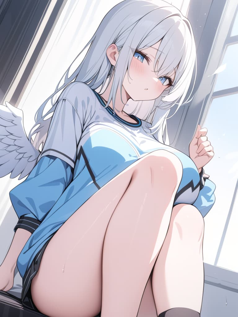  Cute, subculture, jerseys, moe sleeves, white hair, light blue, angel, light blue eye, piece, masterpiece, best quality,8k,ultra detailed,high resolution,an extremely delicate and beautiful,hyper detail