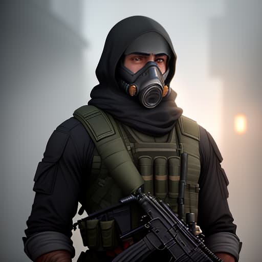  The upper part of the terrorist wearing a gas mask from the game Standoff 2 in a summer style, with an AK 47 on his shoulder. In answer should be only translation: The upper part of the terrorist wearing a gas mask in a summer style from the game Standoff 2, with an AK 47 on his shoulder. hyperrealistic, full body, detailed clothing, highly detailed, cinematic lighting, stunningly beautiful, intricate, sharp focus, f/1. 8, 85mm, (centered image composition), (professionally color graded), ((bright soft diffused light)), volumetric fog, trending on instagram, trending on tumblr, HDR 4K, 8K