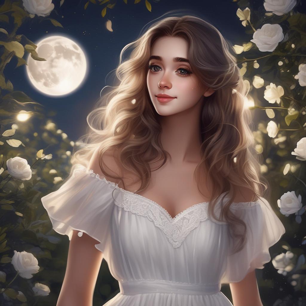  A cute girl in adorable white dress, she has deep eyes and pointed little nose, smiling around she walks in the garden at night under full moon night, she has every gine details very realistic.