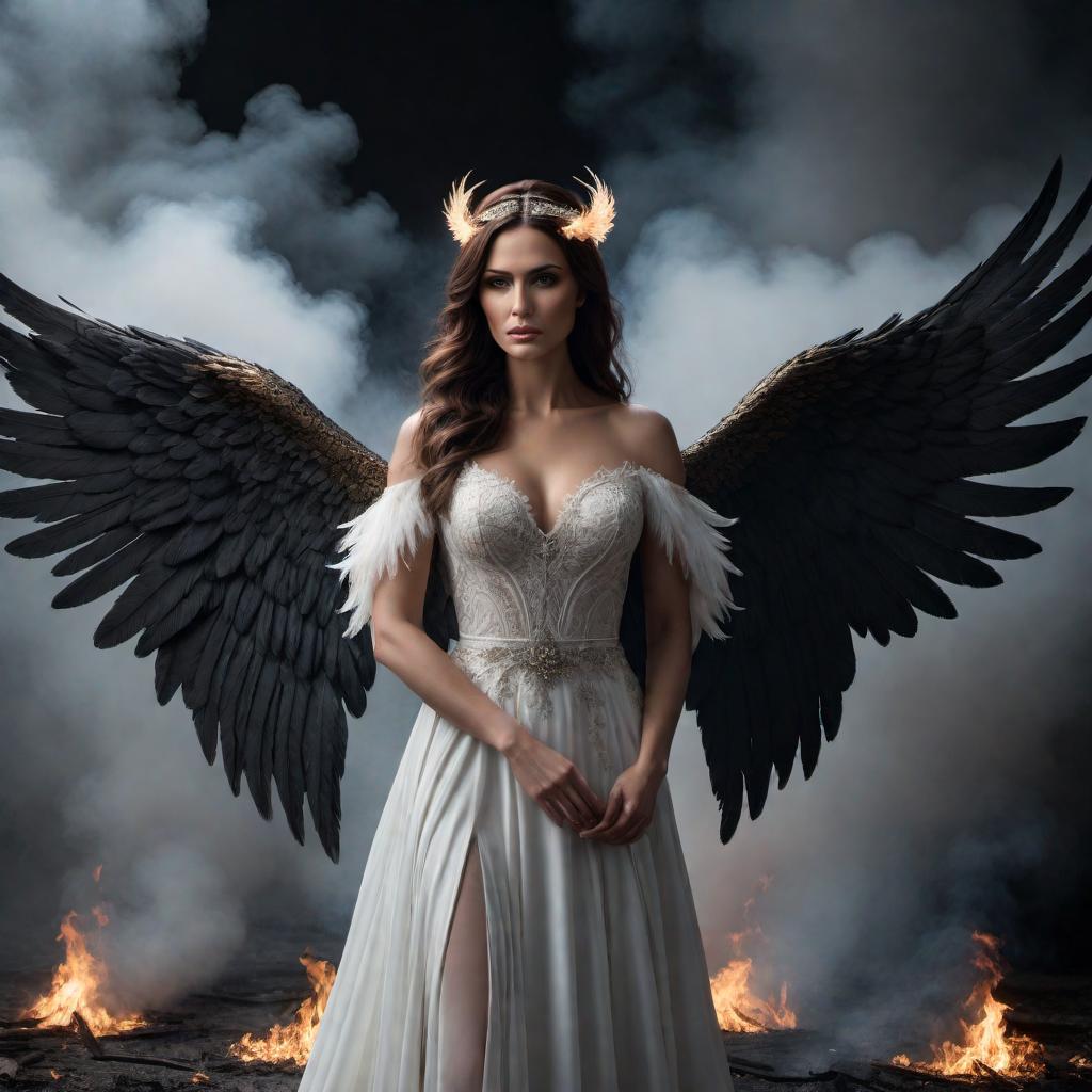  A beautiful woman with a broken halo and burned angel wings. Her expression is a mix of sadness and resilience. The scene should be dark and moody, with shadows and a dim, melancholic atmosphere, emphasizing the tragic but strong character of the woman. hyperrealistic, full body, detailed clothing, highly detailed, cinematic lighting, stunningly beautiful, intricate, sharp focus, f/1. 8, 85mm, (centered image composition), (professionally color graded), ((bright soft diffused light)), volumetric fog, trending on instagram, trending on tumblr, HDR 4K, 8K