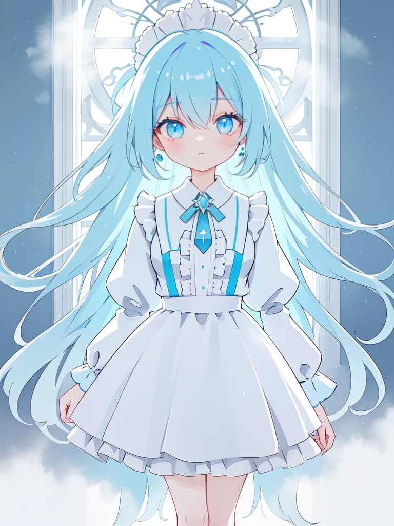  Light blue hair, long hair, left eye red, right eye blue odd eye robot, maid clothes, masterpiece, best quality,8k,ultra detailed,high resolution,an extremely delicate and beautiful,hyper detail hyperrealistic, full body, detailed clothing, highly detailed, cinematic lighting, stunningly beautiful, intricate, sharp focus, f/1. 8, 85mm, (centered image composition), (professionally color graded), ((bright soft diffused light)), volumetric fog, trending on instagram, trending on tumblr, HDR 4K, 8K