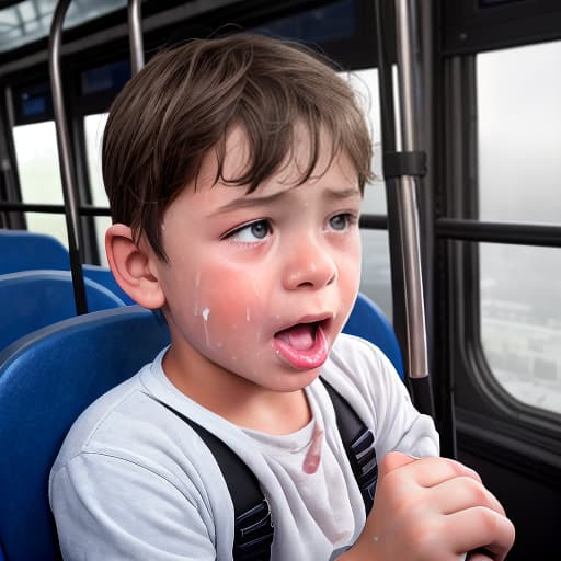  a very sweaty very young boy, caught on a public bus, is discovered by the viewer. The young 's face is rendered in exquisite detail, a look of and arousal as he realizes he's been caught the boy on the bus seat lets out a stream of warm, viscous liquid shooting out from his huge engorged erect tip coating his and splattering onto the floor of the bus, the pinnacle of his is his sweaty features, high-angle shot, dramatic angle, extreme angle shot, photo-realistic, volumetric fog, 85mm lens, HDR, cinematic