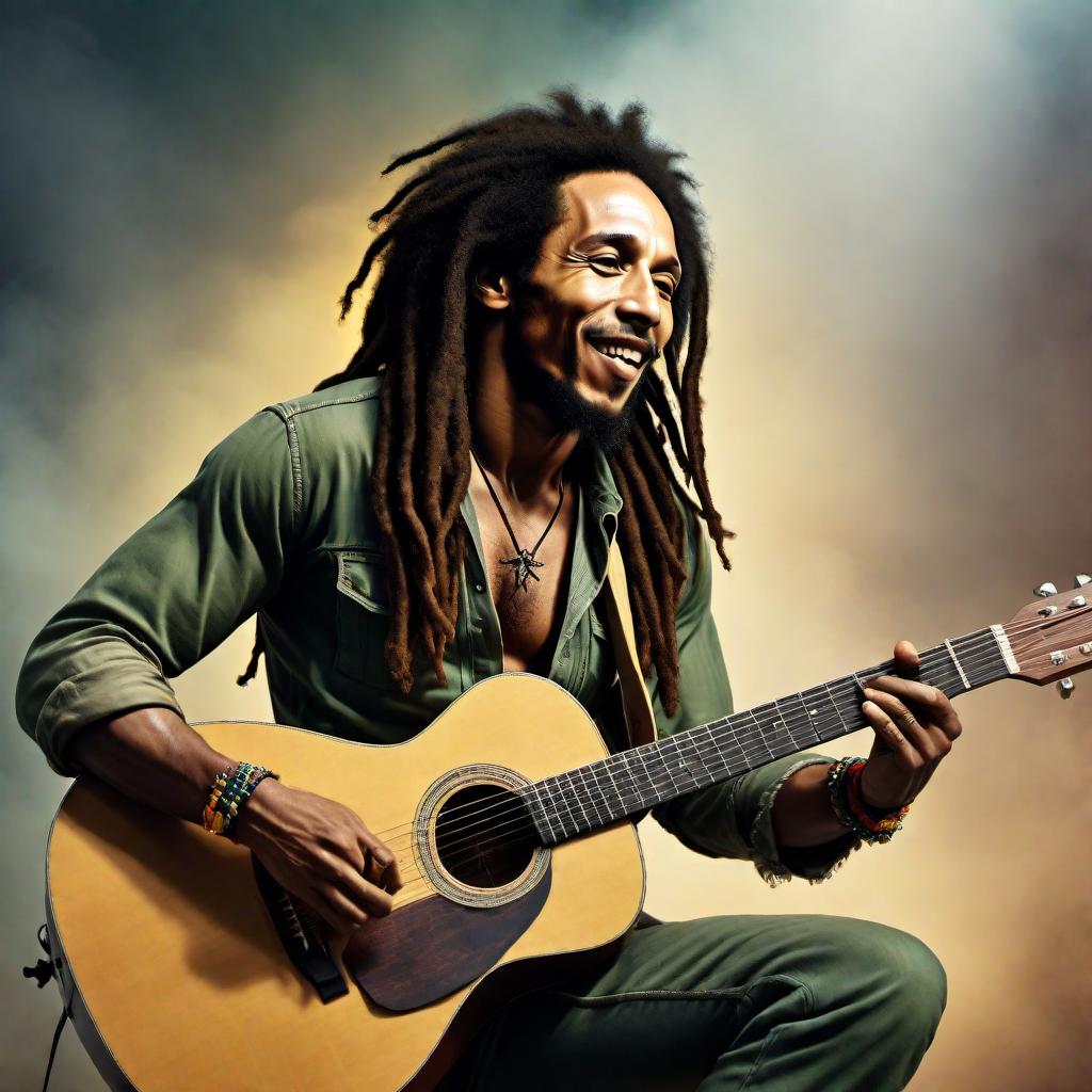  A highly realistic image of Bob Marley with an acoustic guitar. Capture his iconic persona and musical spirit, with accurate facial features, skin tone, and iconic dreadlocks. Reflect his legendary presence in a vibrant and authentic style. hyperrealistic, full body, detailed clothing, highly detailed, cinematic lighting, stunningly beautiful, intricate, sharp focus, f/1. 8, 85mm, (centered image composition), (professionally color graded), ((bright soft diffused light)), volumetric fog, trending on instagram, trending on tumblr, HDR 4K, 8K