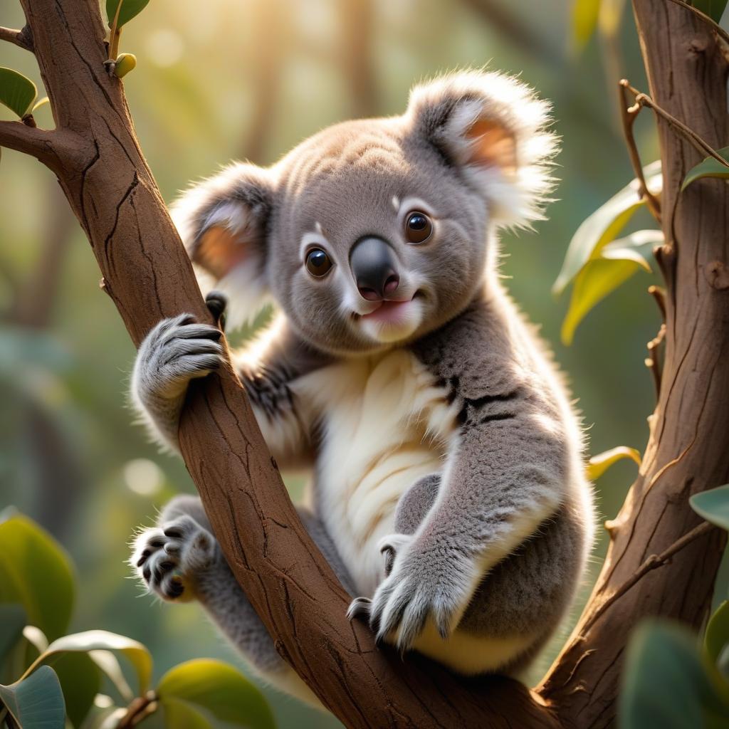  A baby koala is hanging from a tree. hyperrealistic, full body, detailed clothing, highly detailed, cinematic lighting, stunningly beautiful, intricate, sharp focus, f/1. 8, 85mm, (centered image composition), (professionally color graded), ((bright soft diffused light)), volumetric fog, trending on instagram, trending on tumblr, HDR 4K, 8K