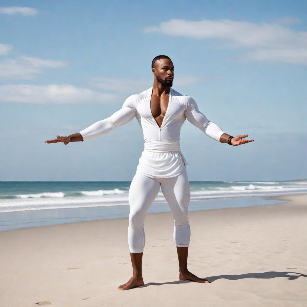  An African American male with loc hair wearing a white flowing yoga outfit, performing Tai Chi on a beach on a beautiful day. The sky is clear with a few clouds, the ocean is calm, and the overall mood is serene and peaceful. The beach has fine, light-colored sand, and the sun is shining gently, casting a soft, warm light over the scene. hyperrealistic, full body, detailed clothing, highly detailed, cinematic lighting, stunningly beautiful, intricate, sharp focus, f/1. 8, 85mm, (centered image composition), (professionally color graded), ((bright soft diffused light)), volumetric fog, trending on instagram, trending on tumblr, HDR 4K, 8K