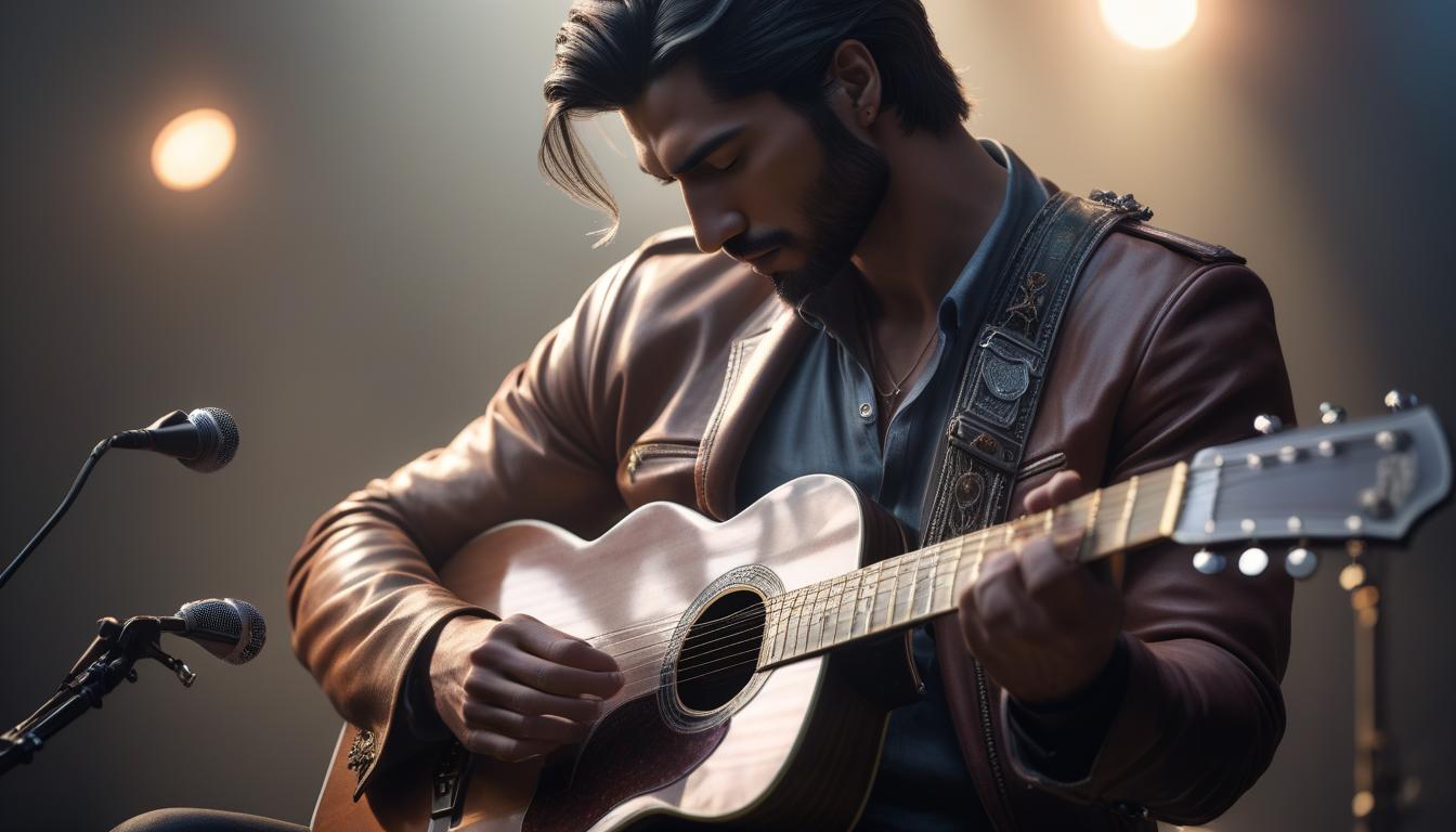  Hands on guitar in the morning. hyperrealistic, full body, detailed clothing, highly detailed, cinematic lighting, stunningly beautiful, intricate, sharp focus, f/1. 8, 85mm, (centered image composition), (professionally color graded), ((bright soft diffused light)), volumetric fog, trending on instagram, trending on tumblr, HDR 4K, 8K