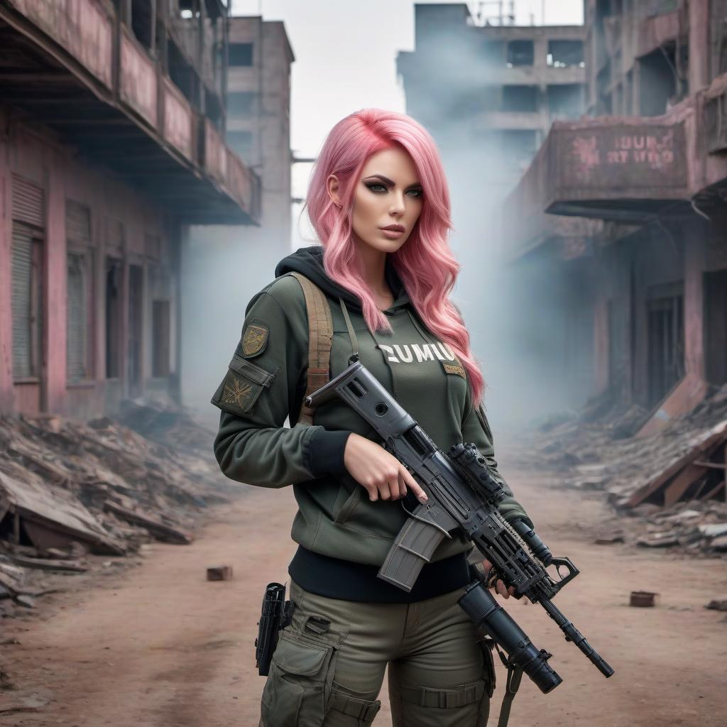  a beautiful girl in a military uniform, with pink hair far from the city in the style of the post apocalypse with a machine gun in her hands (the girl is wearing a hoodie with the inscription "Zumchik") hyperrealistic, full body, detailed clothing, highly detailed, cinematic lighting, stunningly beautiful, intricate, sharp focus, f/1. 8, 85mm, (centered image composition), (professionally color graded), ((bright soft diffused light)), volumetric fog, trending on instagram, trending on tumblr, HDR 4K, 8K