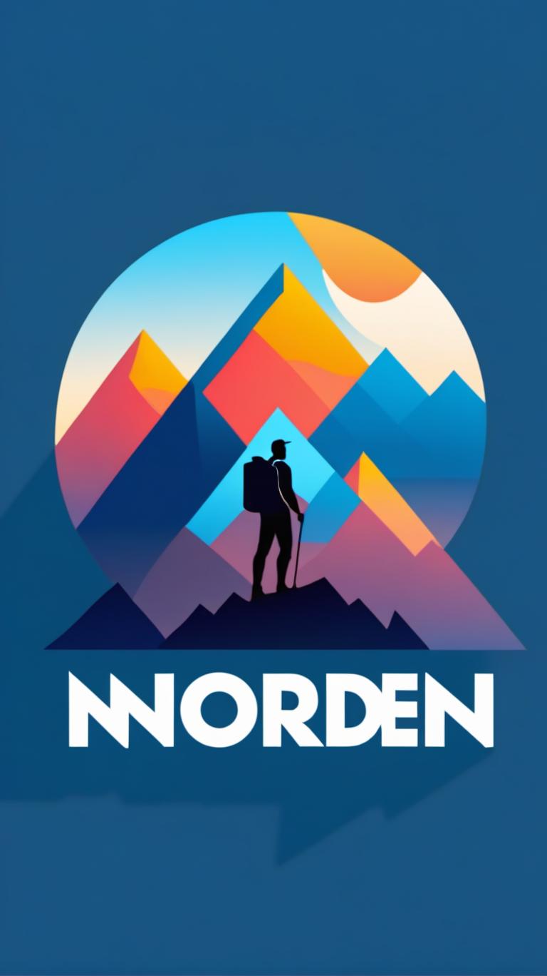  Logo, (geometric style), Wanderer auf Bergwanderung im blauen Sonnenaufgang Richtung „Norden“.