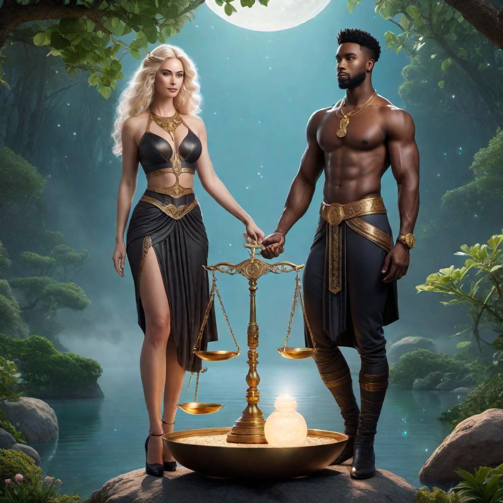  Enchanting couple, one black male and one white female, holding a scale together as a symbol of balance in the sign of Libra zodiac, lofi fantasy style. The couple should have harmonious and balanced appearances, with soft, dreamy, and relaxed lofi elements. Include celestial or cosmic background details to create an enchanting atmosphere. hyperrealistic, full body, detailed clothing, highly detailed, cinematic lighting, stunningly beautiful, intricate, sharp focus, f/1. 8, 85mm, (centered image composition), (professionally color graded), ((bright soft diffused light)), volumetric fog, trending on instagram, trending on tumblr, HDR 4K, 8K