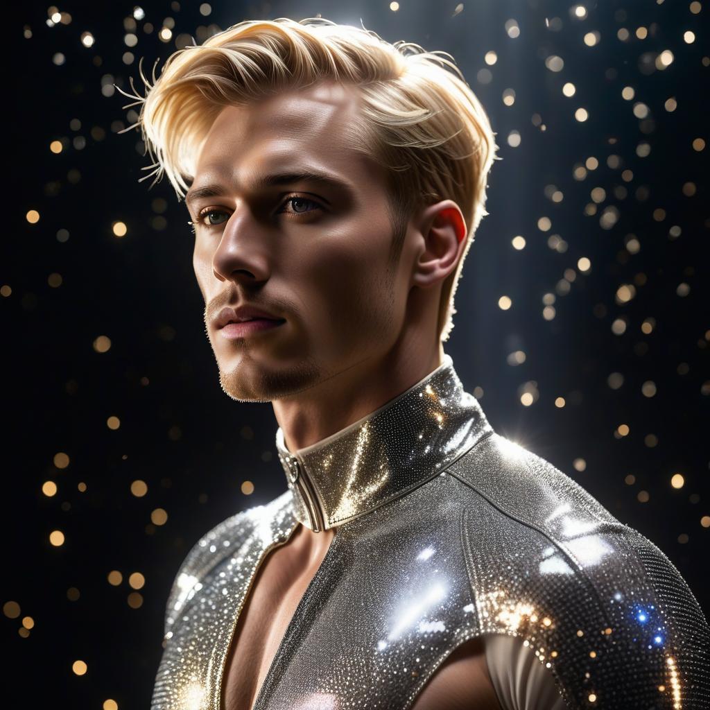  A young blonde man, thin, against a black background behind him, light falls from above, his entire body is covered in sparkles. hyperrealistic, full body, detailed clothing, highly detailed, cinematic lighting, stunningly beautiful, intricate, sharp focus, f/1. 8, 85mm, (centered image composition), (professionally color graded), ((bright soft diffused light)), volumetric fog, trending on instagram, trending on tumblr, HDR 4K, 8K