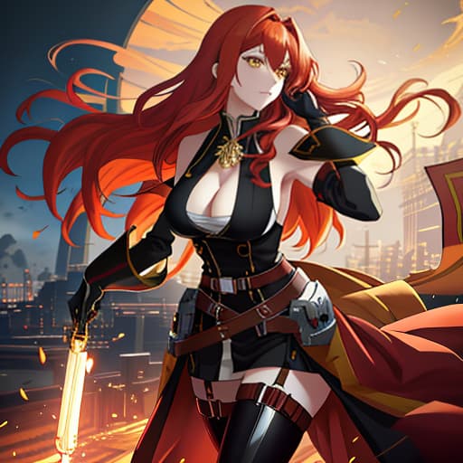  Anime with wavy red hair, yellow eyes, mechanic, engineer, big s, belts on waist, in black gloves, anime style, from anime studio., Manga big eyes expressive faces colorful hair Hayao Miyazaki Masashi Kishimoto Makoto Shinkai CLAMP Yoshiyuki Sadamoto hyperrealistic, full body, detailed clothing, highly detailed, cinematic lighting, stunningly beautiful, intricate, sharp focus, f/1. 8, 85mm, (centered image composition), (professionally color graded), ((bright soft diffused light)), volumetric fog, trending on instagram, trending on tumblr, HDR 4K, 8K