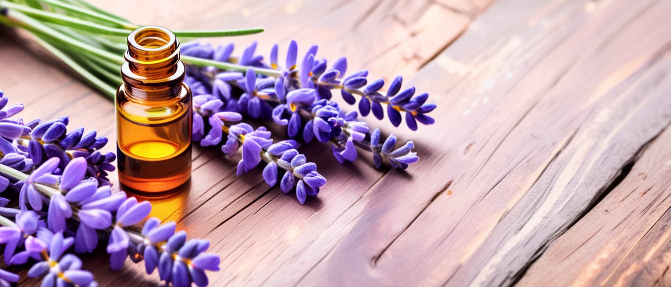  Lavender flowers and essential oil bottle. Concept of aromatherapy, natural wellness