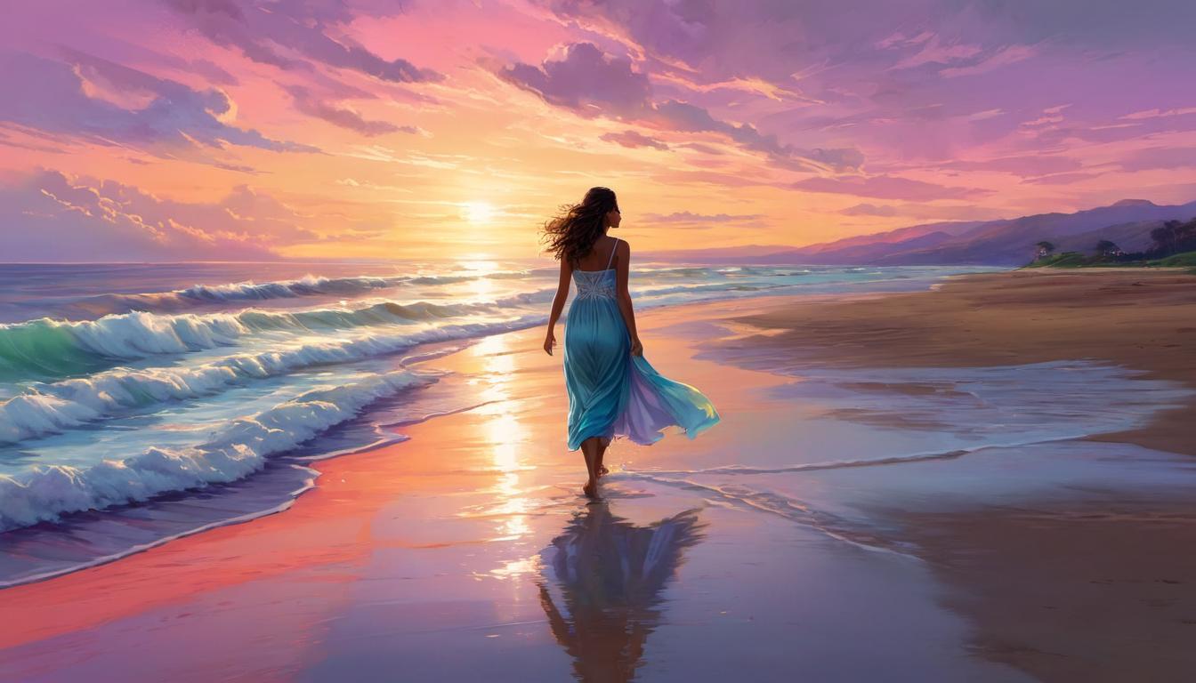  digital illustration, 1woman, walking barefoot on a sandy beach, waves washing over her feet, horizon painted with colors of twilight, wind gently flowing through her hair, liberated, carefree, tranquil, looking at viewer, dynamic pose, (intricate details, masterpiece, best quality)