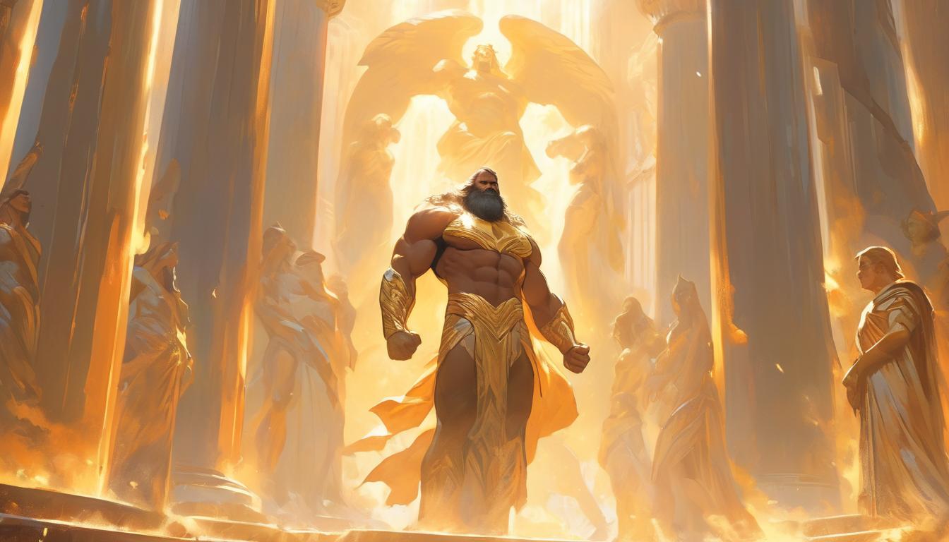  hyperrealism,fantasy aestheticHercules, welcomed by Zeus on Mount Olympus, divine realm with majestic pillars, golden light, celestial and divine, immortal haven, high tech clothing clad in sleek, futuristic costume with metallic accents and form fitting designs, marvel superhero comics style, unreal engine rendering